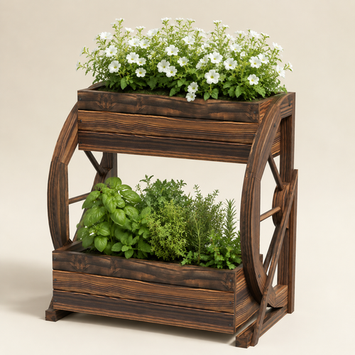 Two-tier dark wood wagon planter with white flowers and fresh herbs