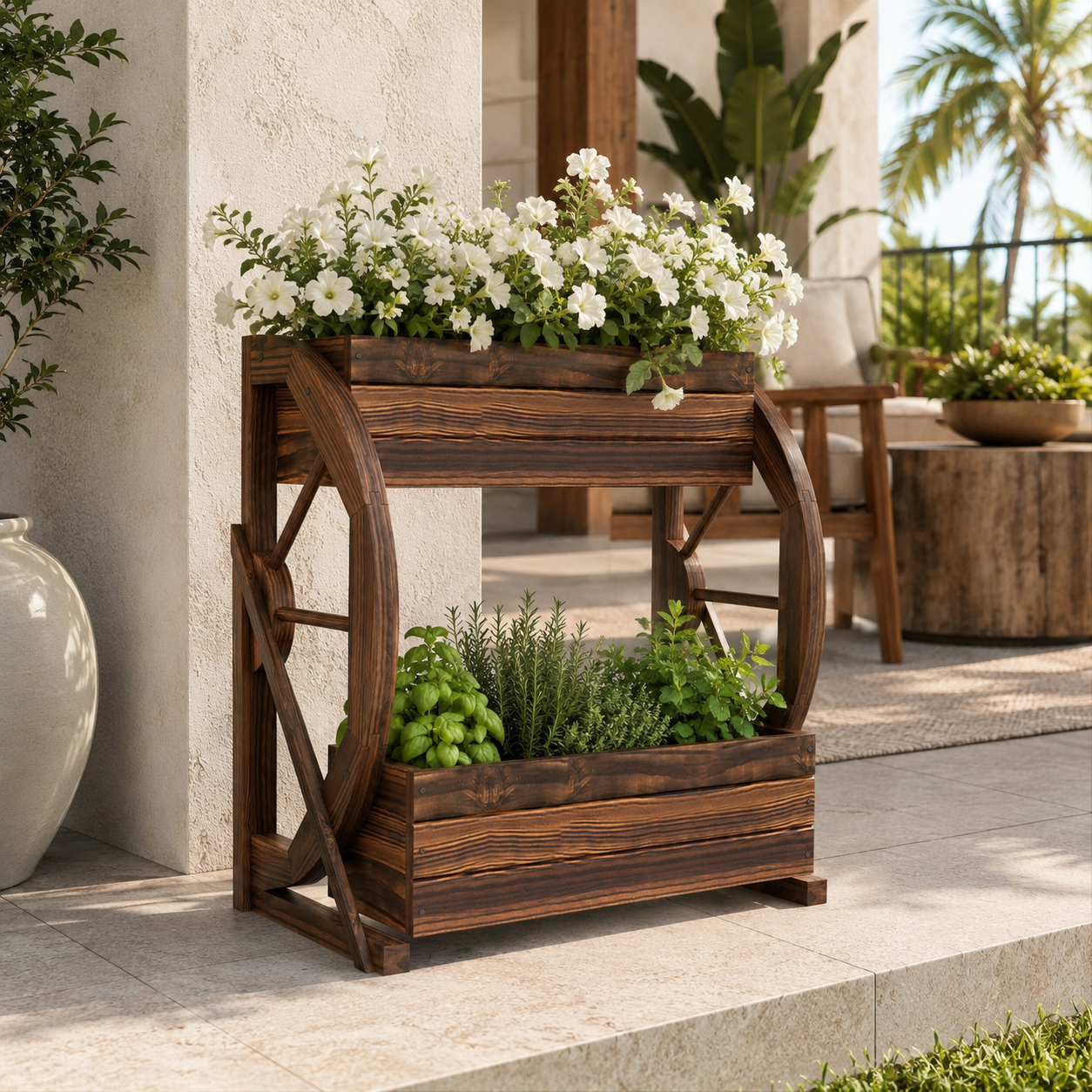 Two-tier wooden wagon planter displayed on a sunny residential patio