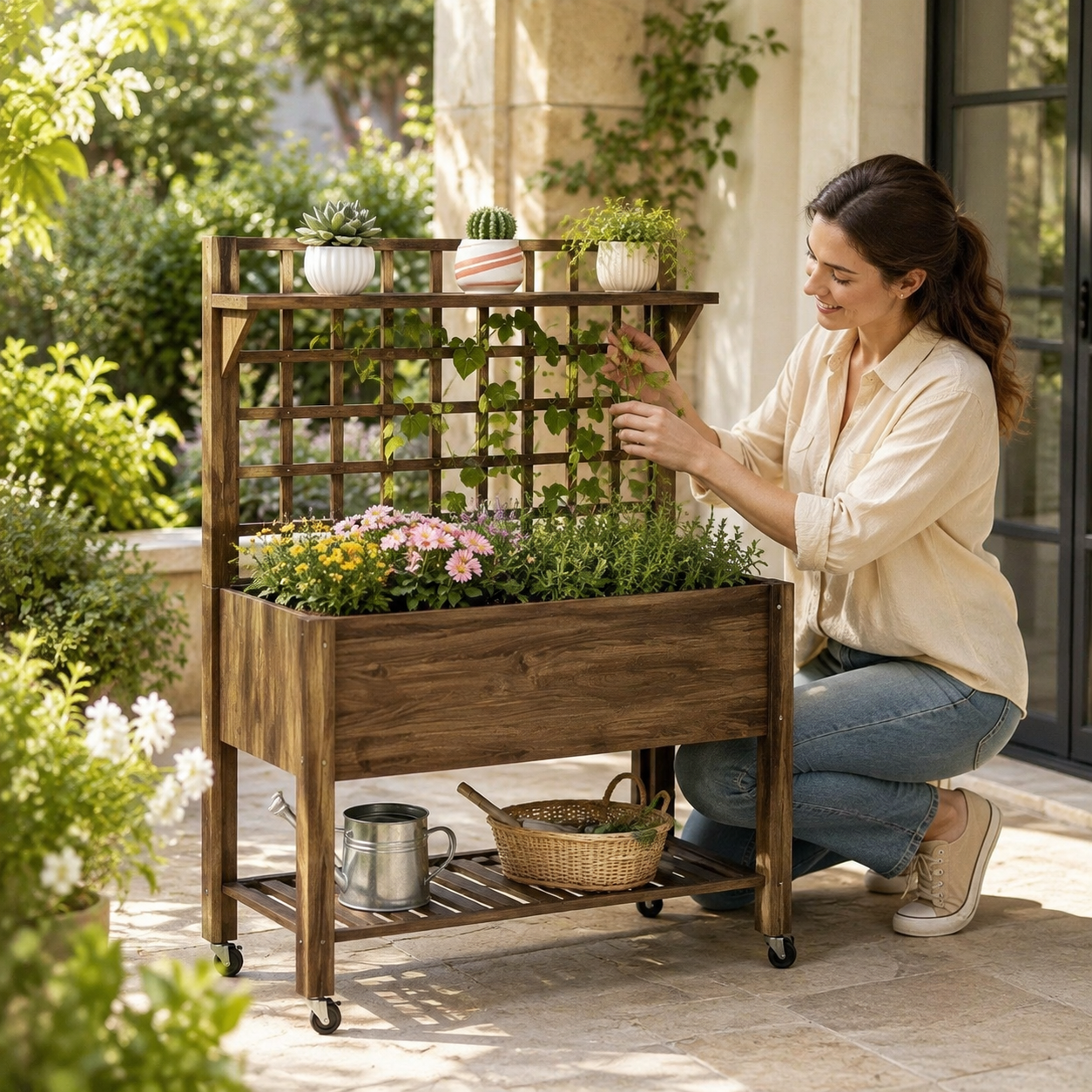 Woman training a climbing vine on a dark brown mobile planter trellis