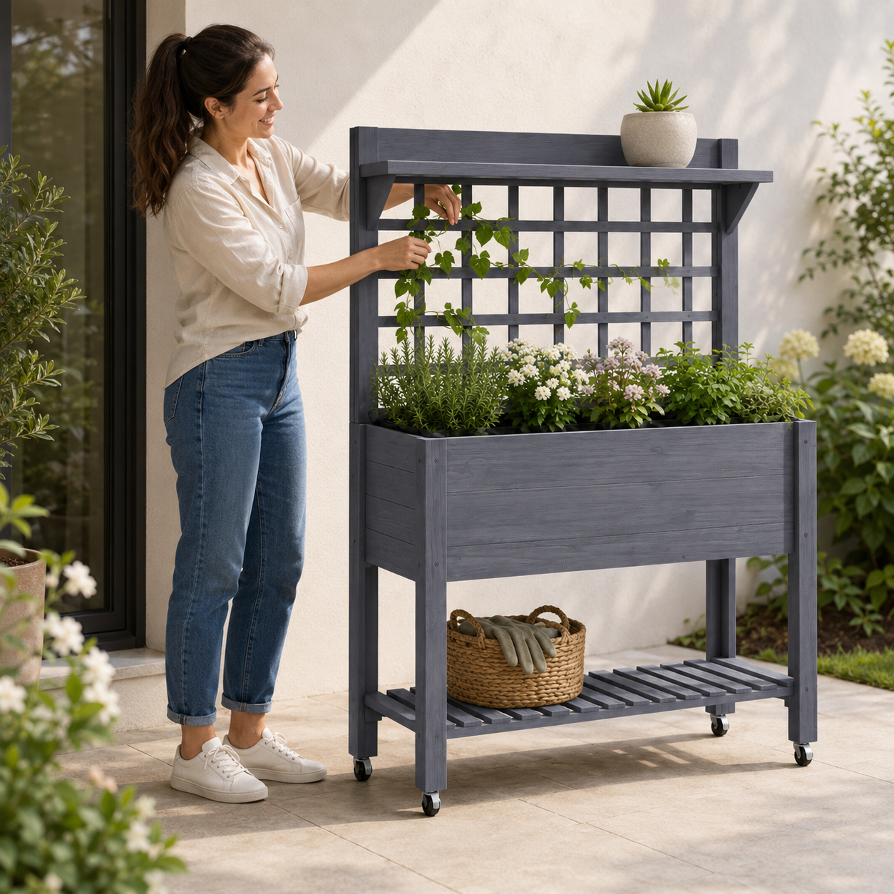 Woman training a climbing vine on a gray mobile planter trellis