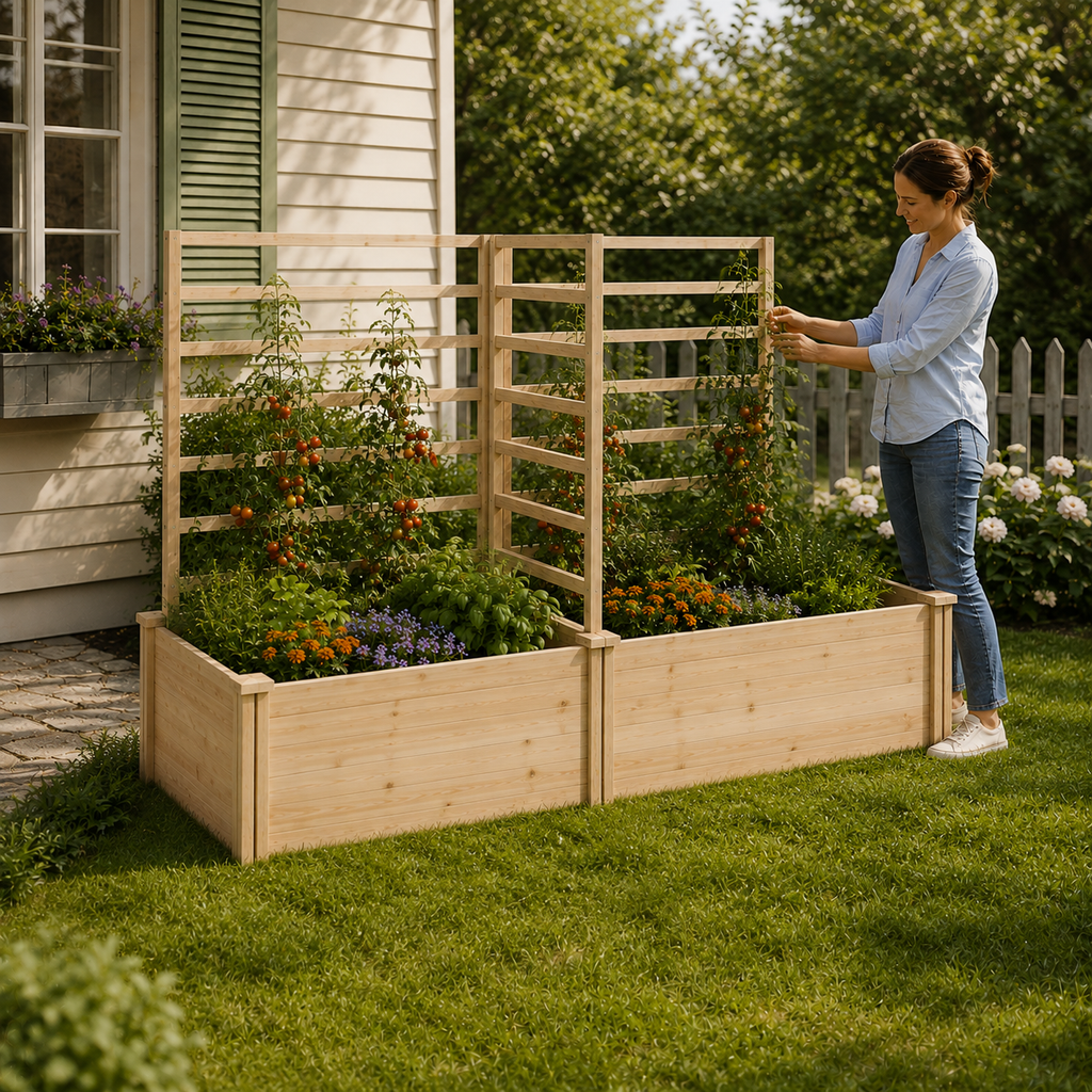 Woman tending tomato vines in an 88-inch two-box raised garden bed with trellises