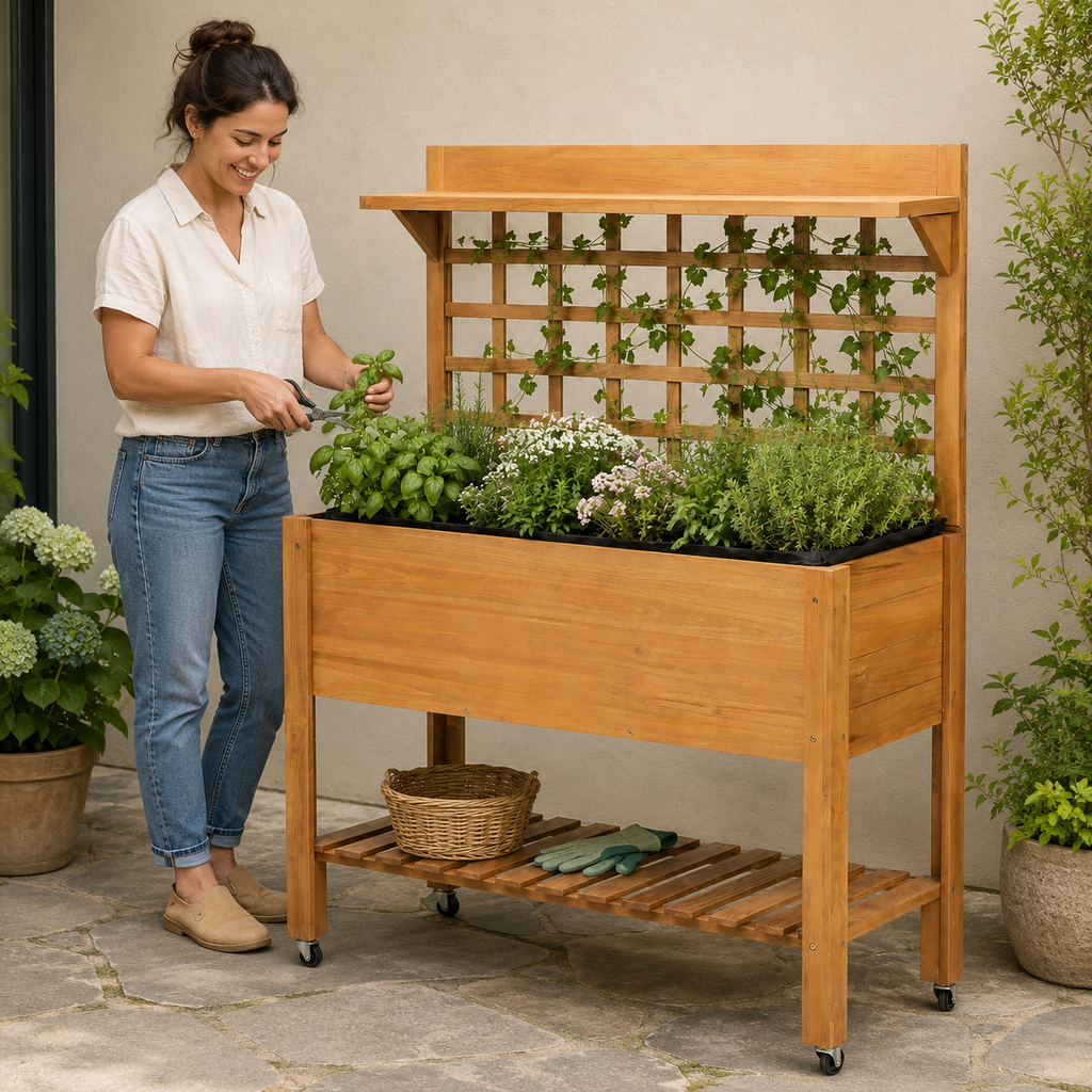Woman tending herbs in a brown mobile planter with trellis