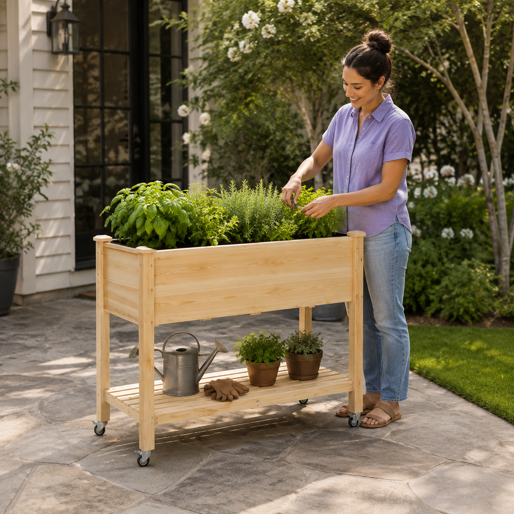 Woman tending herbs in an elevated wooden planter with lower storage shelf